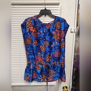 Collective Concepts Blue with Orange and Pink Floral Blouse